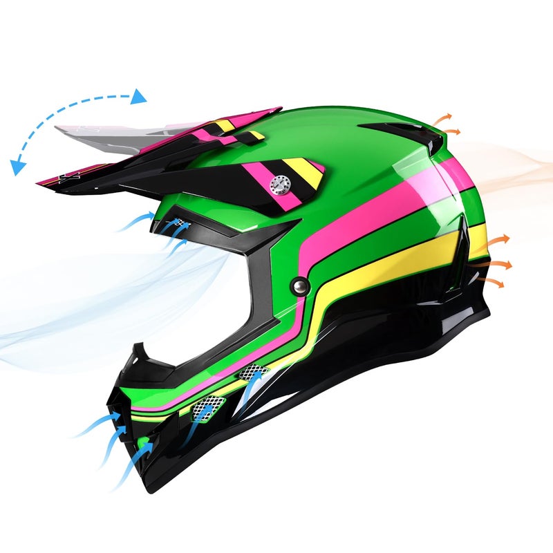 GLX GX623 Youth ATV/Dirt Bike Helmet Combo - Retro Green, X-Large - DOT - Image 3